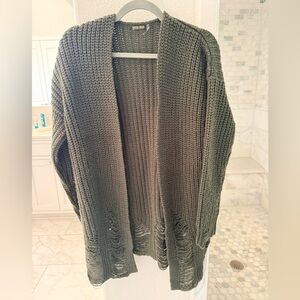 Open-Front Olive Green Distressed Knit Cardigan Sweater for Women